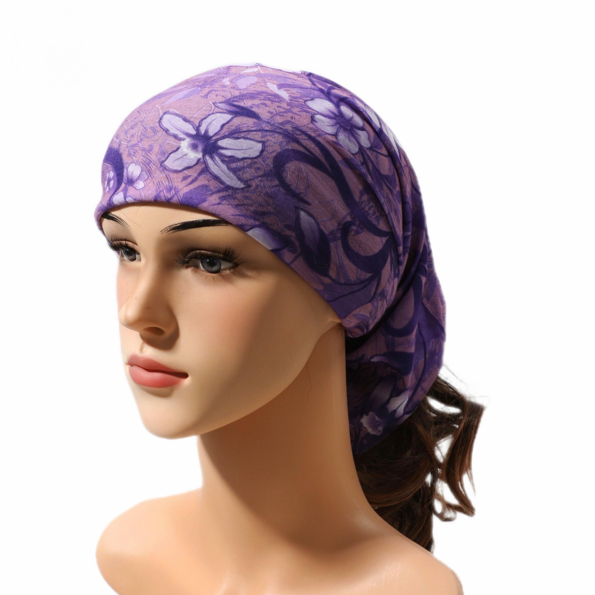 Purple Flower Print Turban Boho Head Wrap Vintage Headband Neck Gaiter