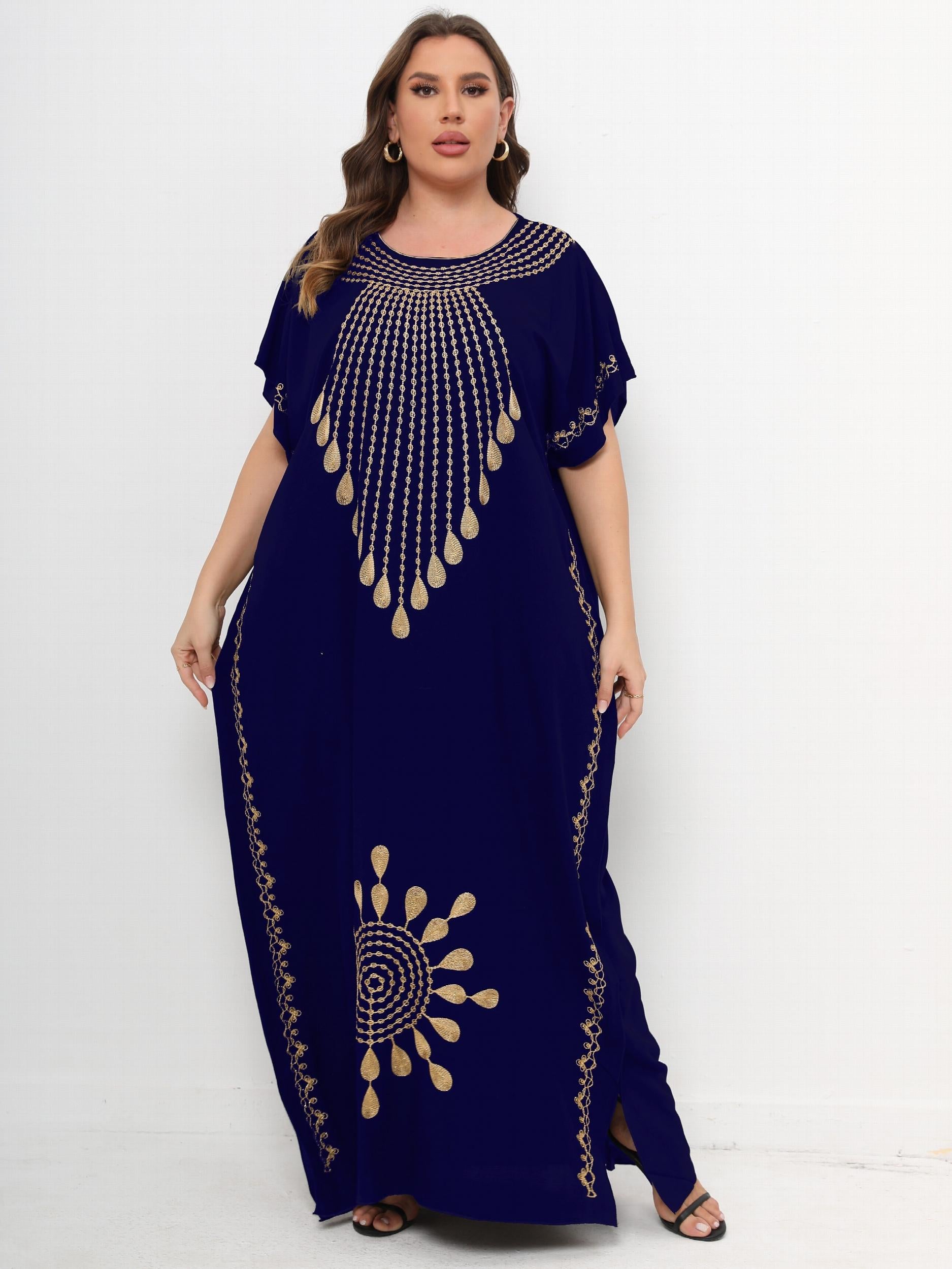 Abaya Dress Women's Plus Tribal Print Bat Sleeve Round Neck
