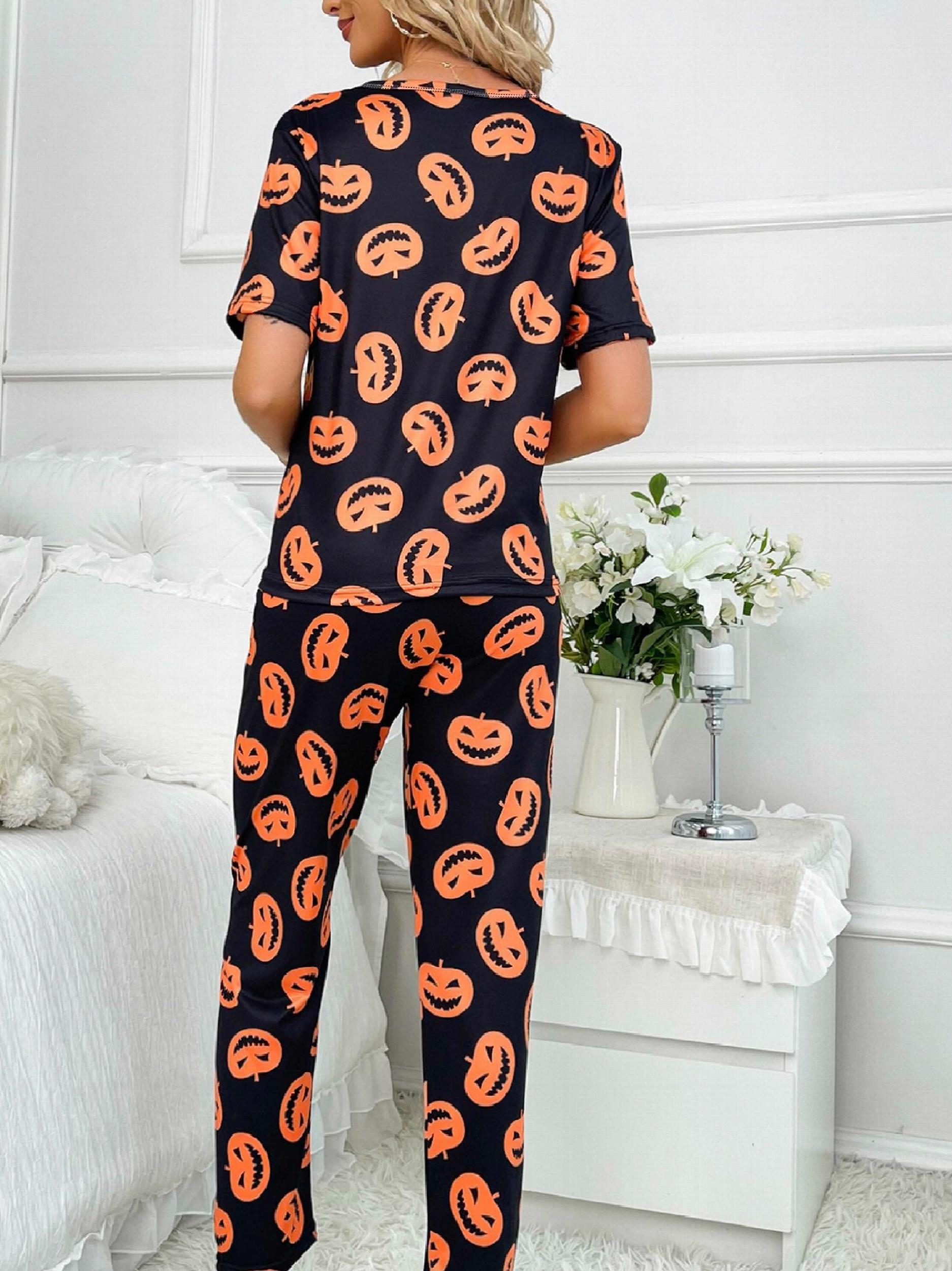 Pumpkin Print Pajama Set Short Sleeve Crew Neck Top