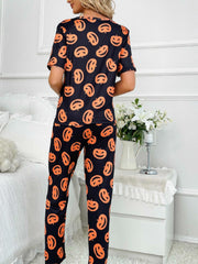 Pumpkin Print Pajama Set Short Sleeve Crew Neck Top
