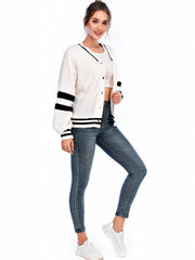 Striped Print Button Front Preppy Jacket V Neck Long Sleeve Outerwear