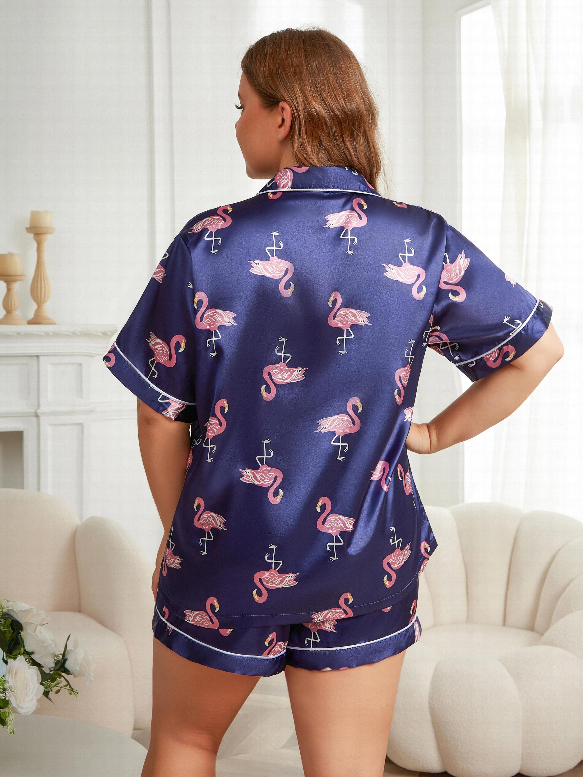 Satin Flamingo Print Pajama Set Button Up Shirt & Shorts
