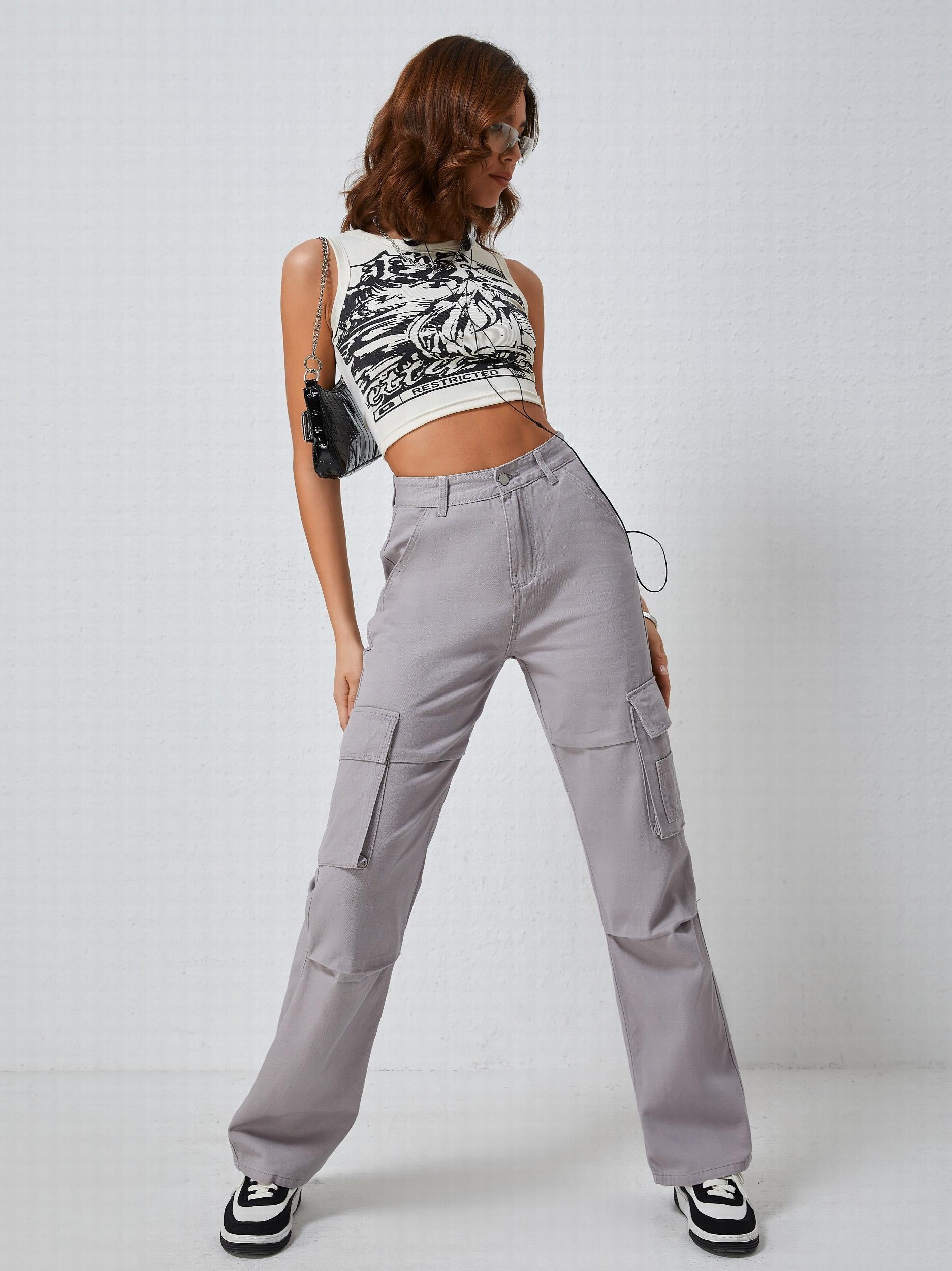 Denim Cargo Pants Mid Rise Loose Casual Kpop Cargo Jeans