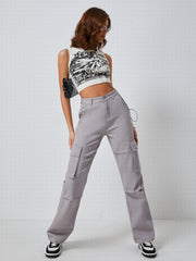 Denim Cargo Pants Mid Rise Loose Casual Kpop Cargo Jeans