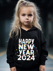 Girls 2pcs Happy Year Hooded Sweatshirt Solid Sweatpants Set