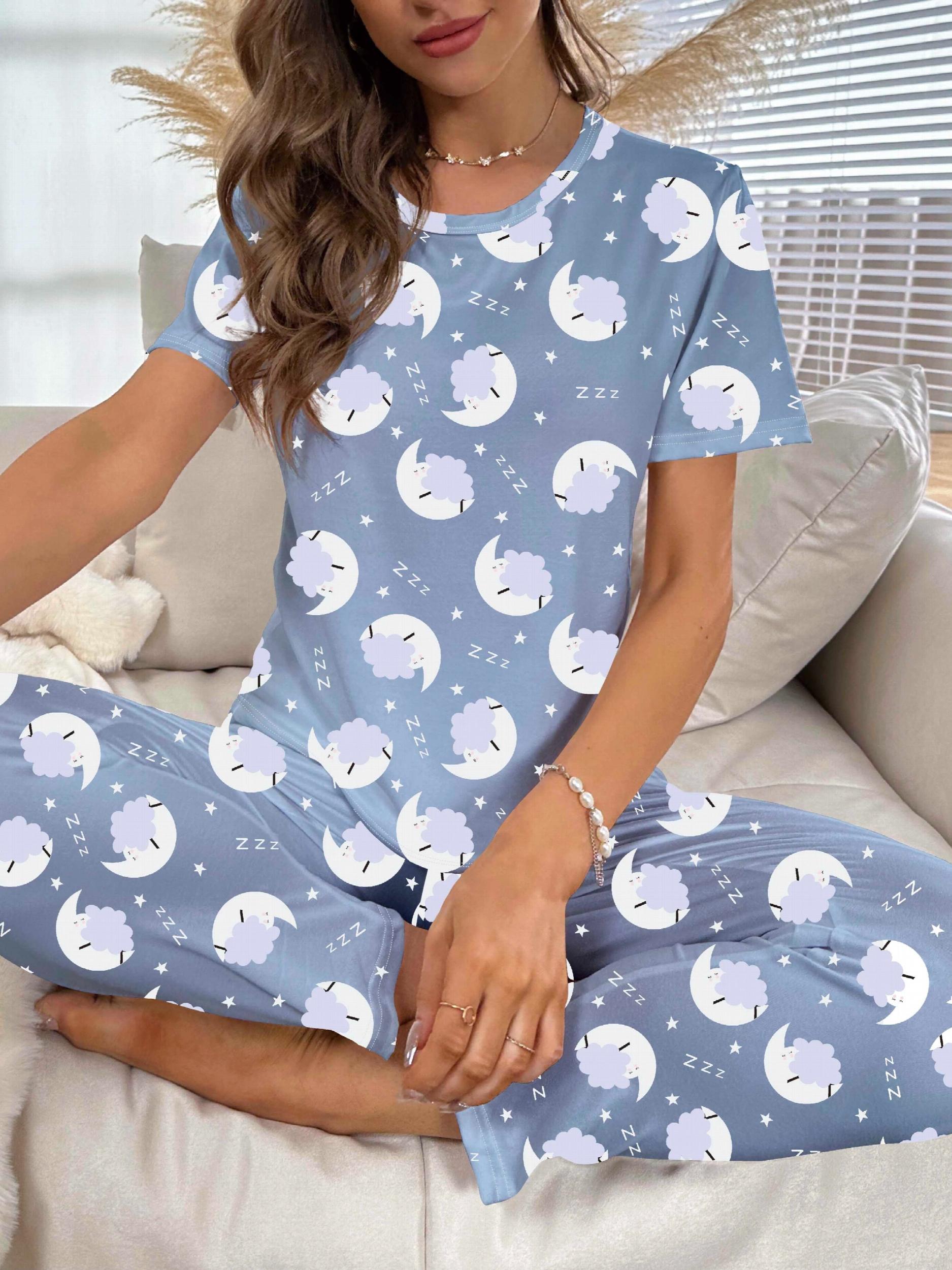 Moon & Cloud Pajama Set Short Sleeve Top & Pants Women's Sleepwear