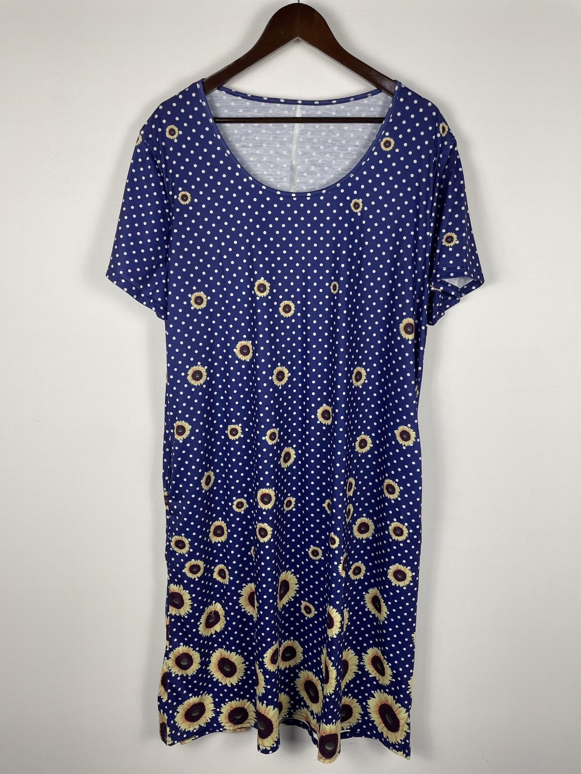 Women's Plus Sunflower & Dot Print Short Sleeve Tee Dress