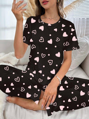 Heart Print Pajamas Set Short Sleeve Tee & Lounge Pants PJ Set Women's Sleepwear
