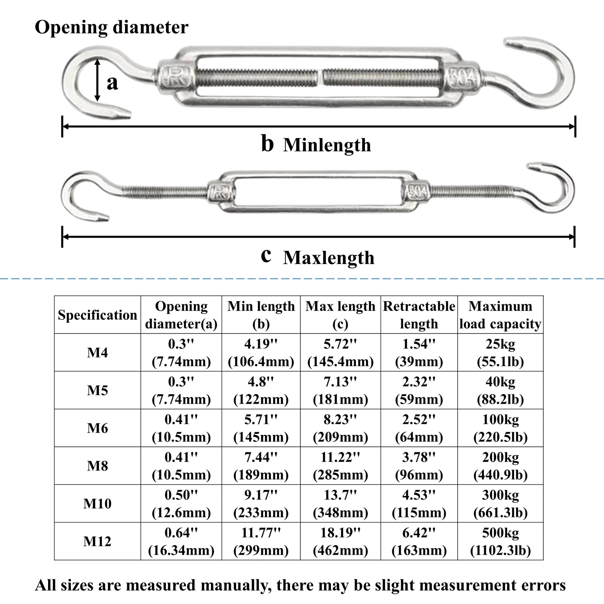 4pcs M4-M12 Hook And Hook Turnbuckle 304 Stainless Steel Wire Rope Tension