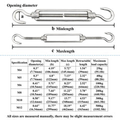 4pcs M4-M12 Hook And Hook Turnbuckle 304 Stainless Steel Wire Rope Tension