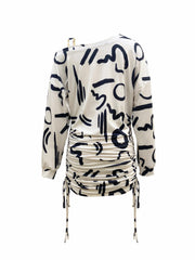 Abstract Print Ruched Dress Casual Chain Linked Long Sleeve