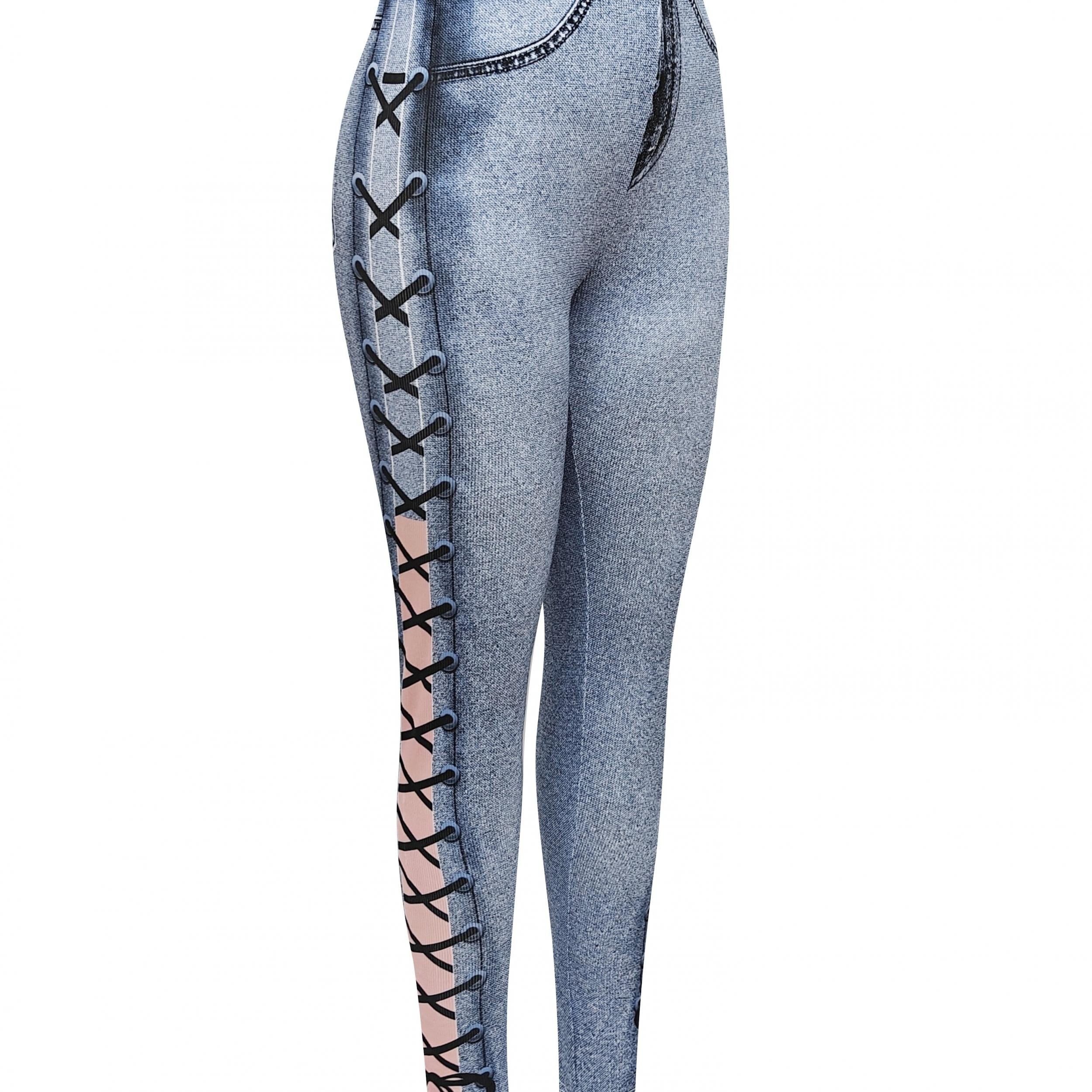 Denim Print Skinny Leggings Stretchy Casual Leggings Women's Clothing