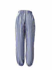Striped Patched Pockets Drawstring Pants Casual Loose Button Decor Pants