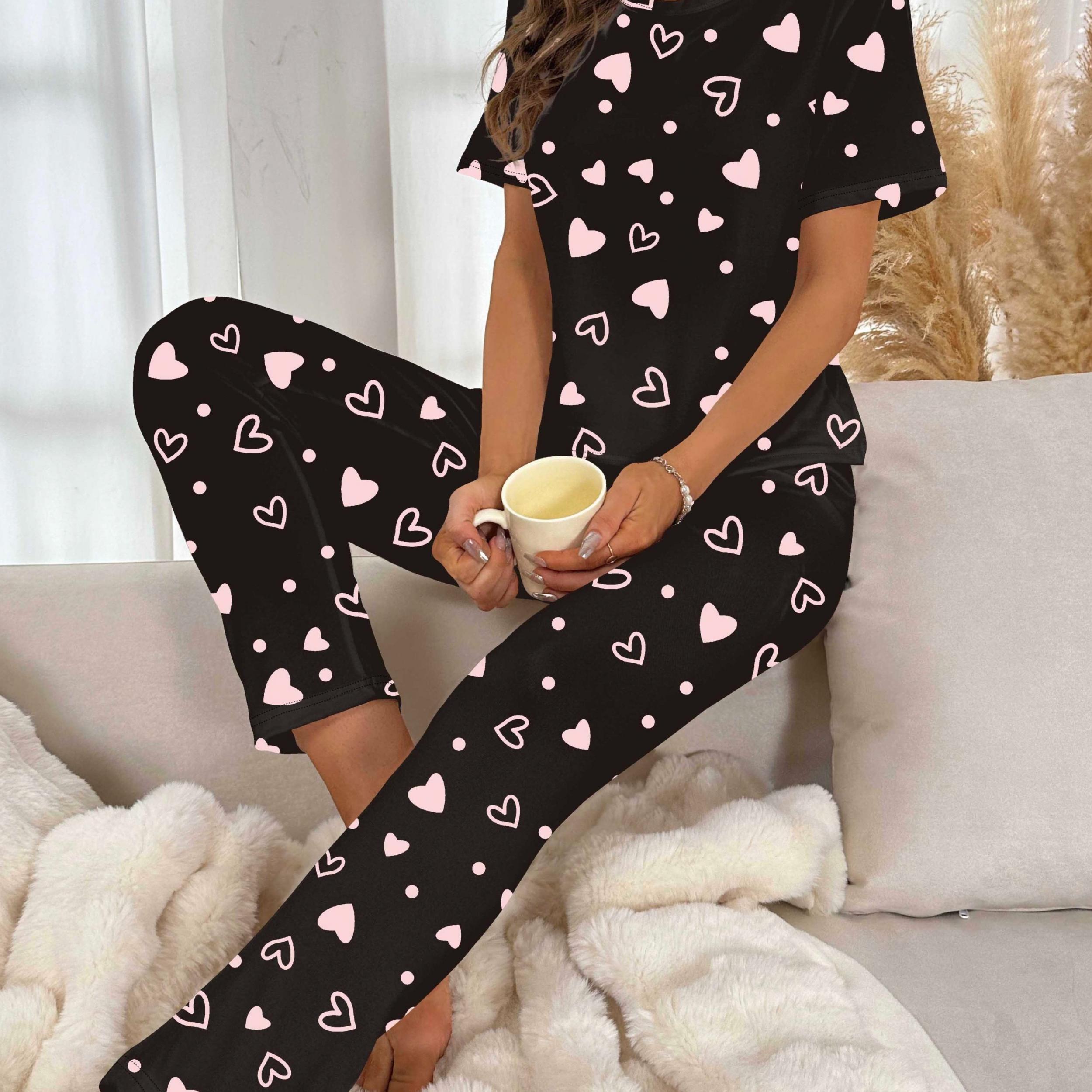 Heart Print Pajamas Set Short Sleeve Tee & Lounge Pants PJ Set Women's Sleepwear
