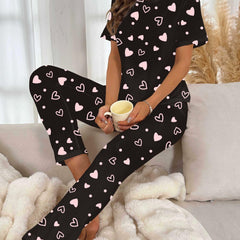 Heart Print Pajamas Set Short Sleeve Tee & Lounge Pants PJ Set Women's Sleepwear