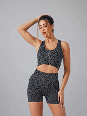 Leopard Print Sports Set Crop Top & High Waist Leggings Women's Activewear