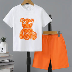 Boys Plaid Bear Graphic Casual Outfit T shirt & Shorts Summer Clothes Sets