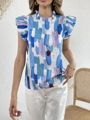 Printed Ruffle Trim Top Stand Collar Cap Sleeve Casual