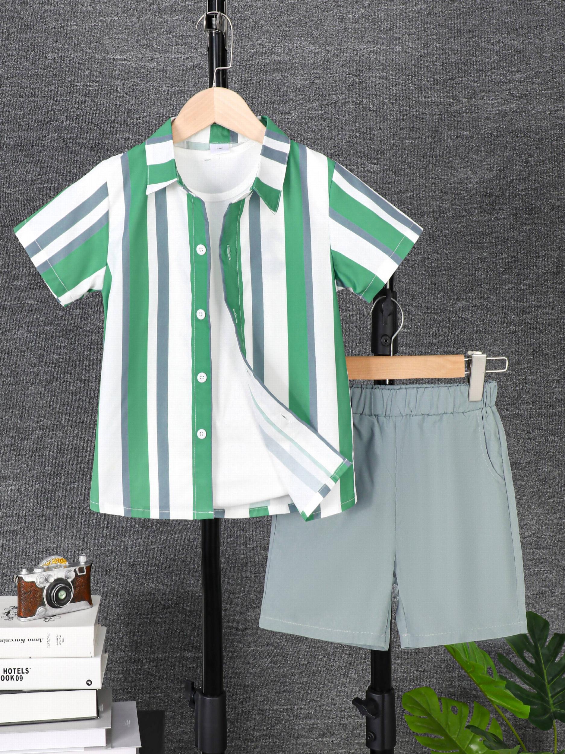 Vertical Stripe Pattern Boy's 2pcs Short Sleeve Shirt & Shorts Set