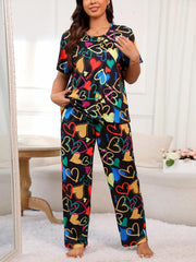 Heart Print Pajama Set Short Sleeve Tee & Pants Lounge Two Piece