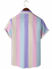 Pastel Stripes Print Men's Button Up Shirt For Summer Beach
