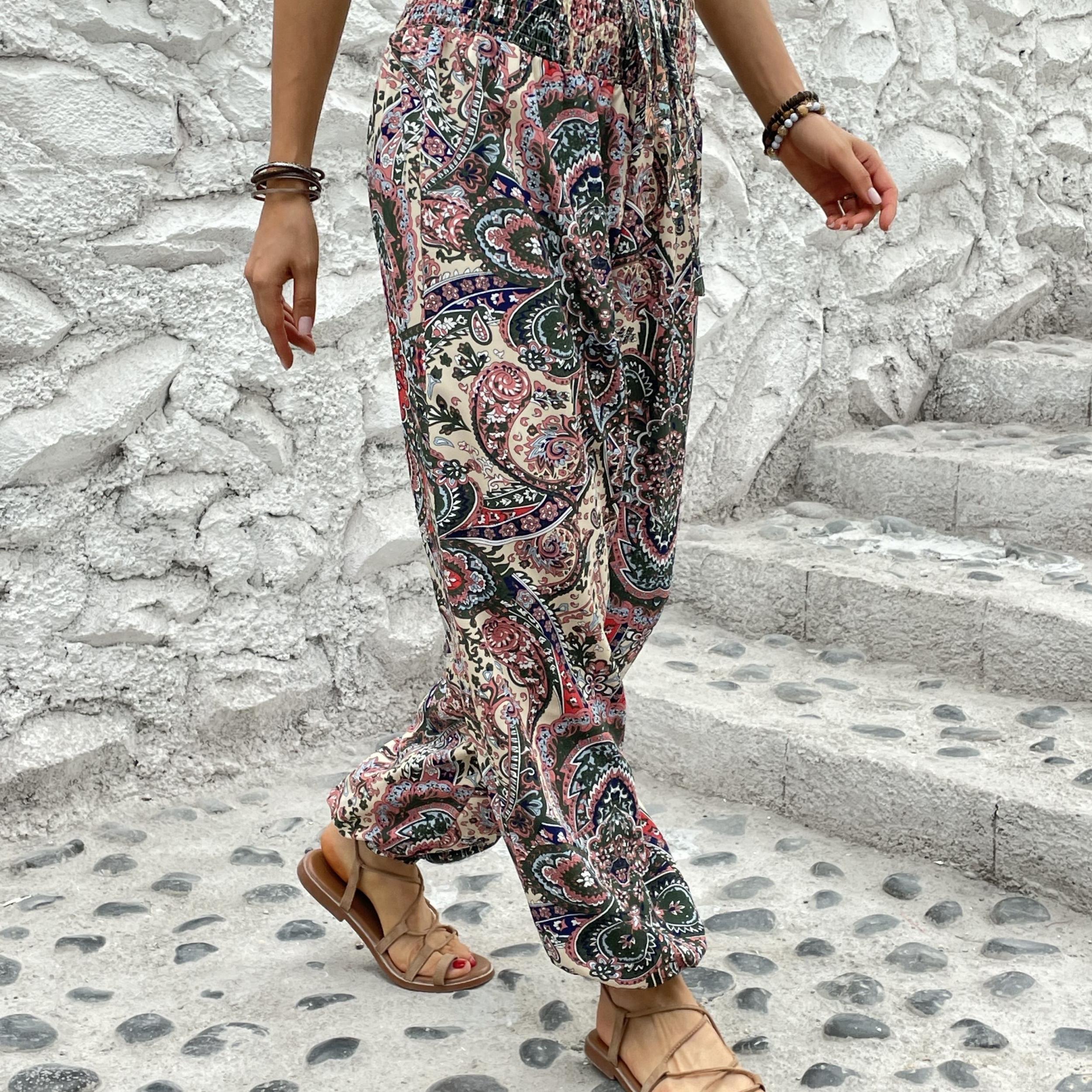 Paisley Print Smocked Waist Joggers Boho Fitted Bottom Pants