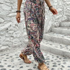 Paisley Print Smocked Waist Joggers Boho Fitted Bottom Pants