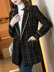 Plaid Print Lapel Blazer Long Sleeve Outerwear With Pocket