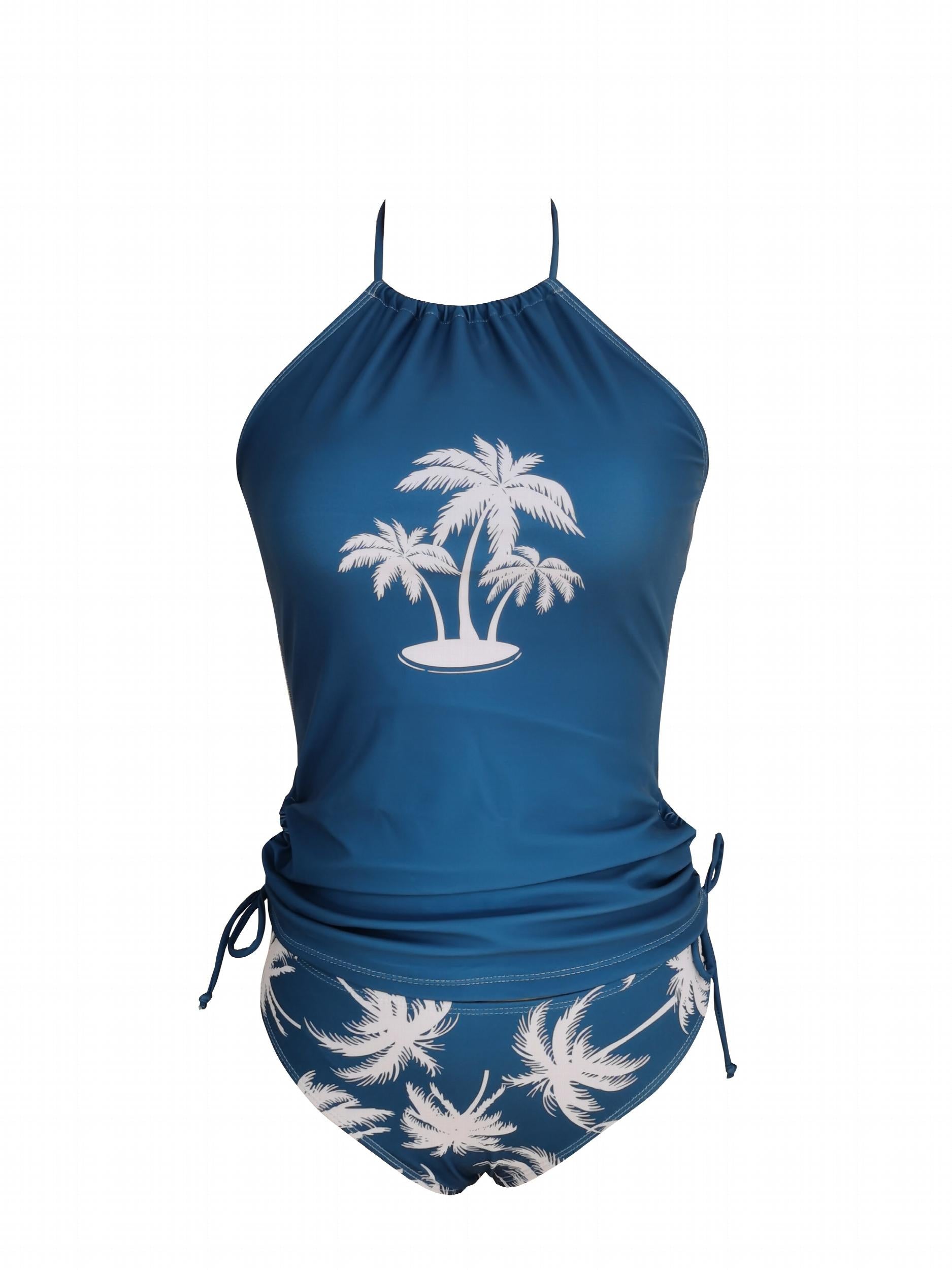 Coconut Tree Print Halter 2 Piece Set Tankini Swimsuit