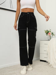 High Waist Straight Jeans Flap & Slash Pockets Wide Leg Loose Fit High Rise