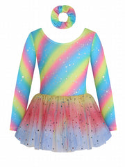 Girls Long Sleeve Back Bow Stars Sequins Tulle Tutu Patchwork Dress