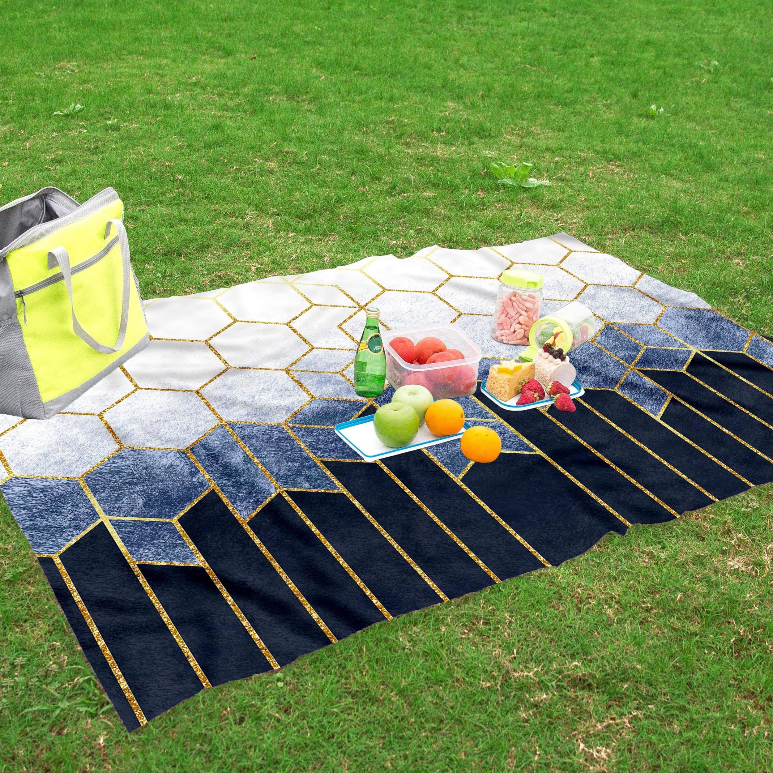 Golden Geometric Plaid Outdoor Picnic Mat Lightweight Waterproof