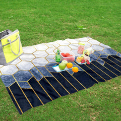 Golden Geometric Plaid Outdoor Picnic Mat Lightweight Waterproof