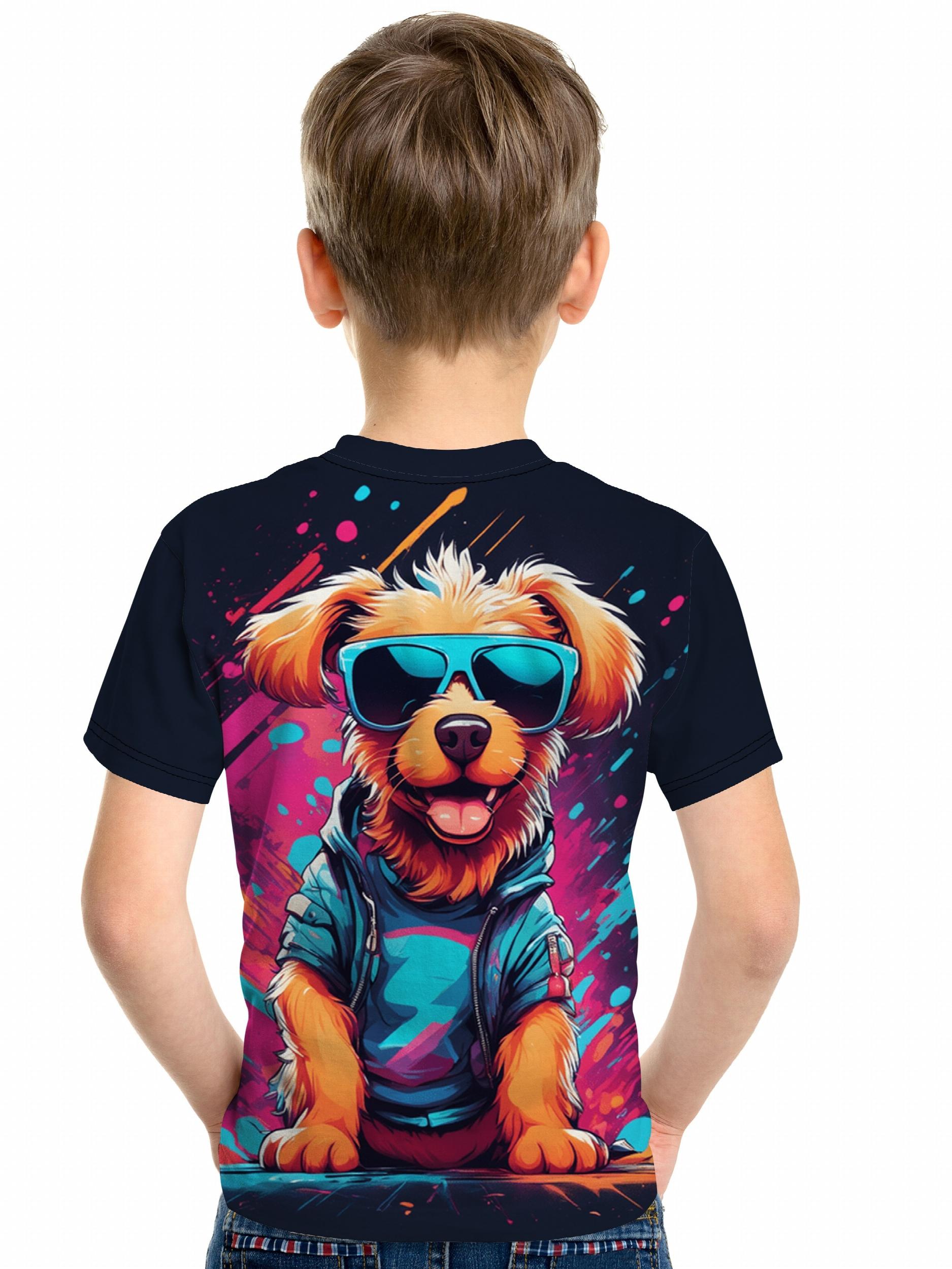 Cartoon Dog Print Boy's Casual Tees Short Sleeve Crew Neck T shirt