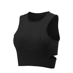Solid Ribbed Cut Out Round Neck Yoga Workout Bra With Removable Pads
