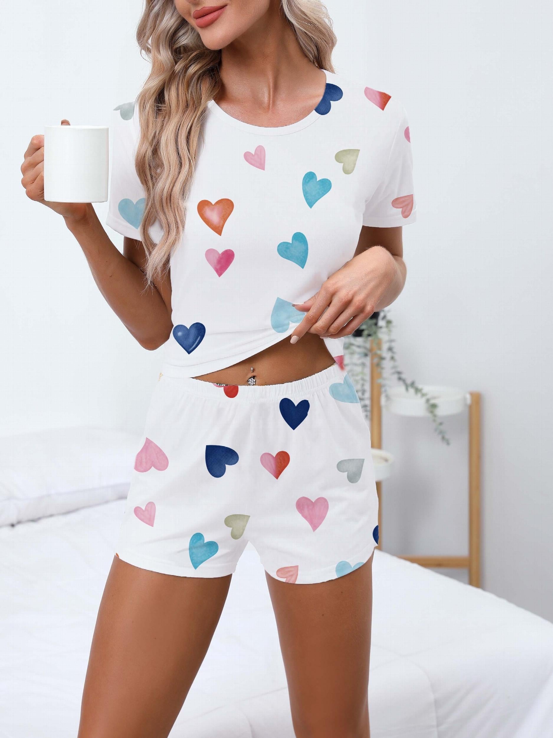 Heart Print Pajamas Set Short Sleeve Crew Neck Top & Shorts Women's Sleepwear