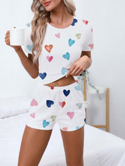 Heart Print Pajamas Set Short Sleeve Crew Neck Top & Shorts Women's Sleepwear