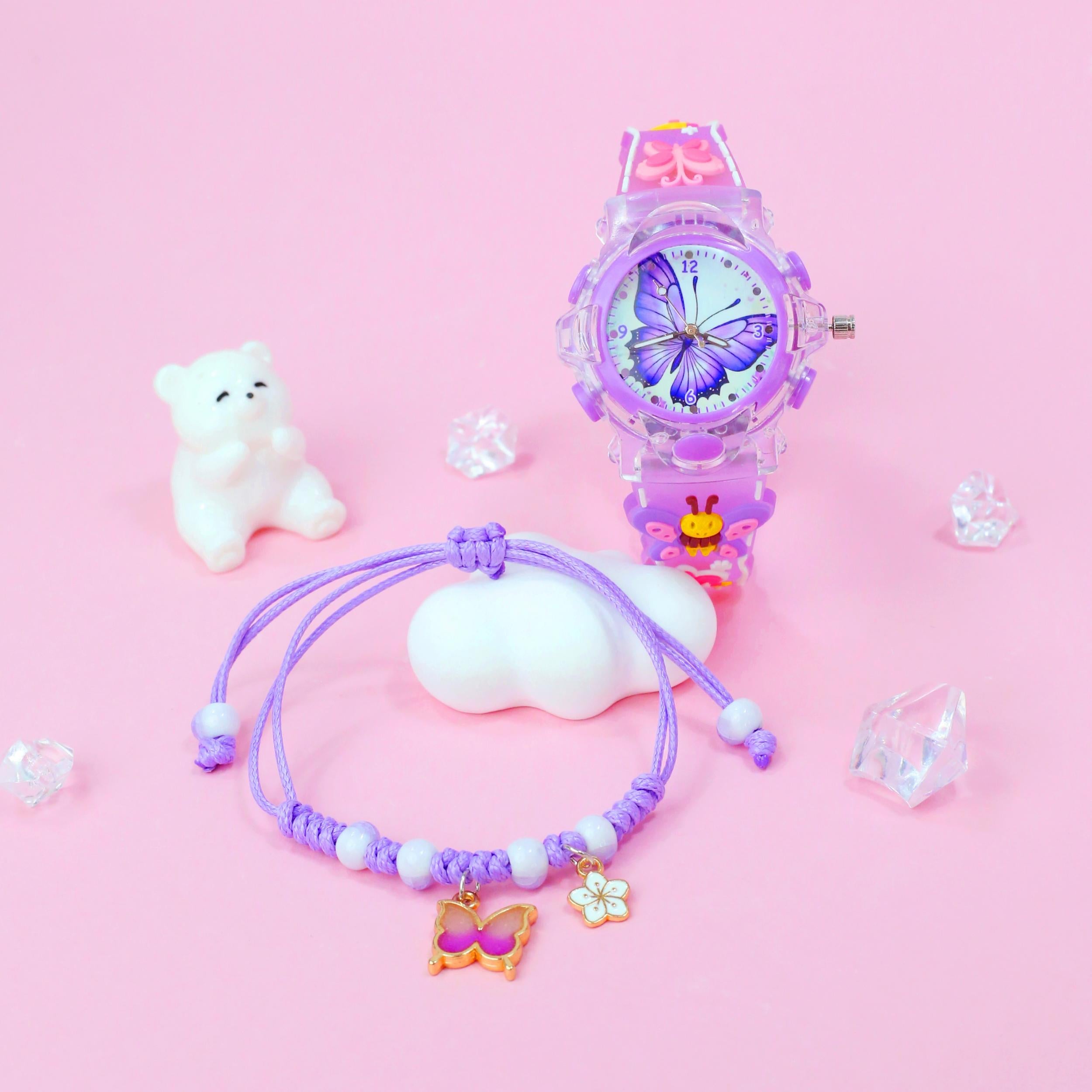LED Night Light Quartz Watch & Butterfly Bracelet Set - Pink & Purple