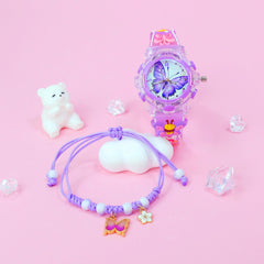 LED Night Light Quartz Watch & Butterfly Bracelet Set - Pink & Purple