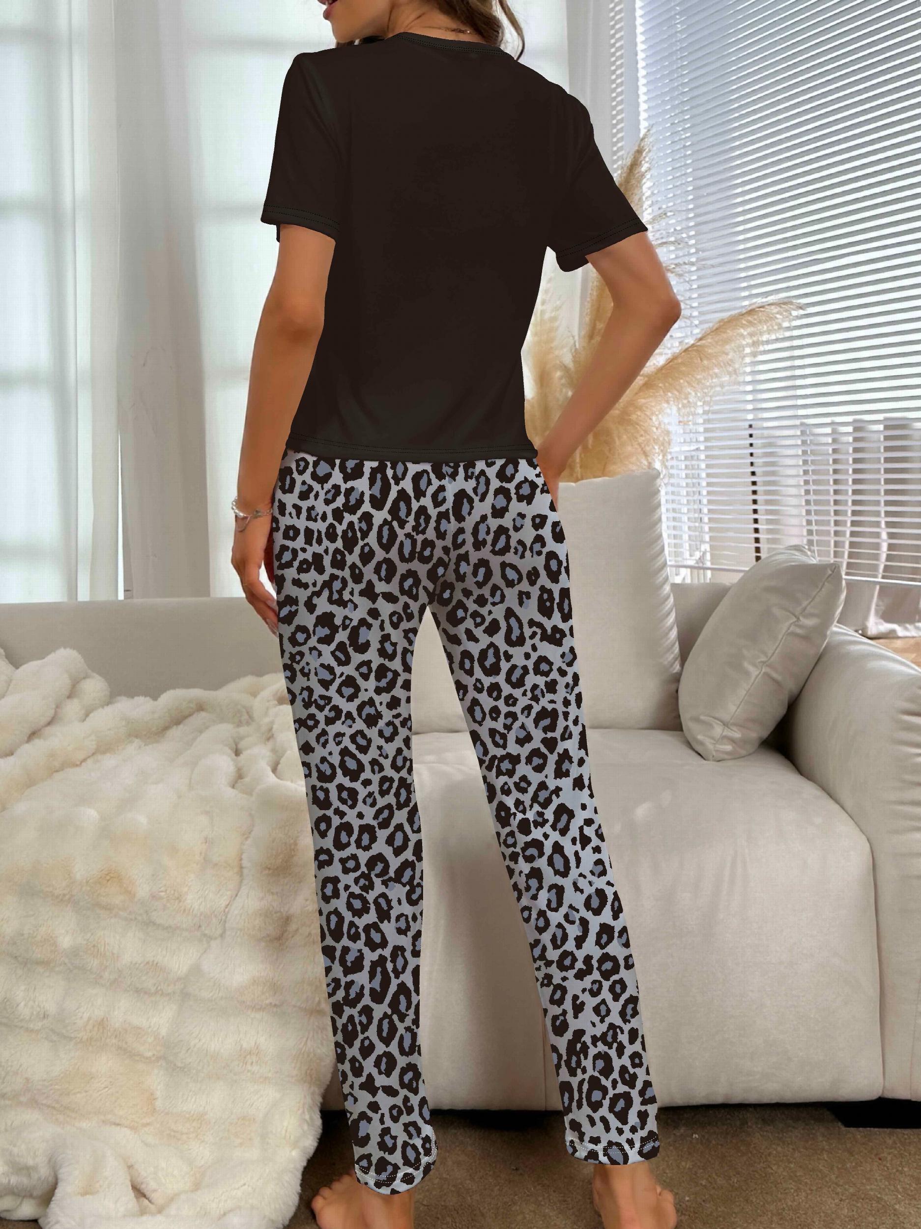 Leopard Print Pajama Set Short Sleeve Crew Neck Top & Elastic Waistband Pants