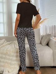 Leopard Print Pajama Set Short Sleeve Crew Neck Top & Elastic Waistband Pants