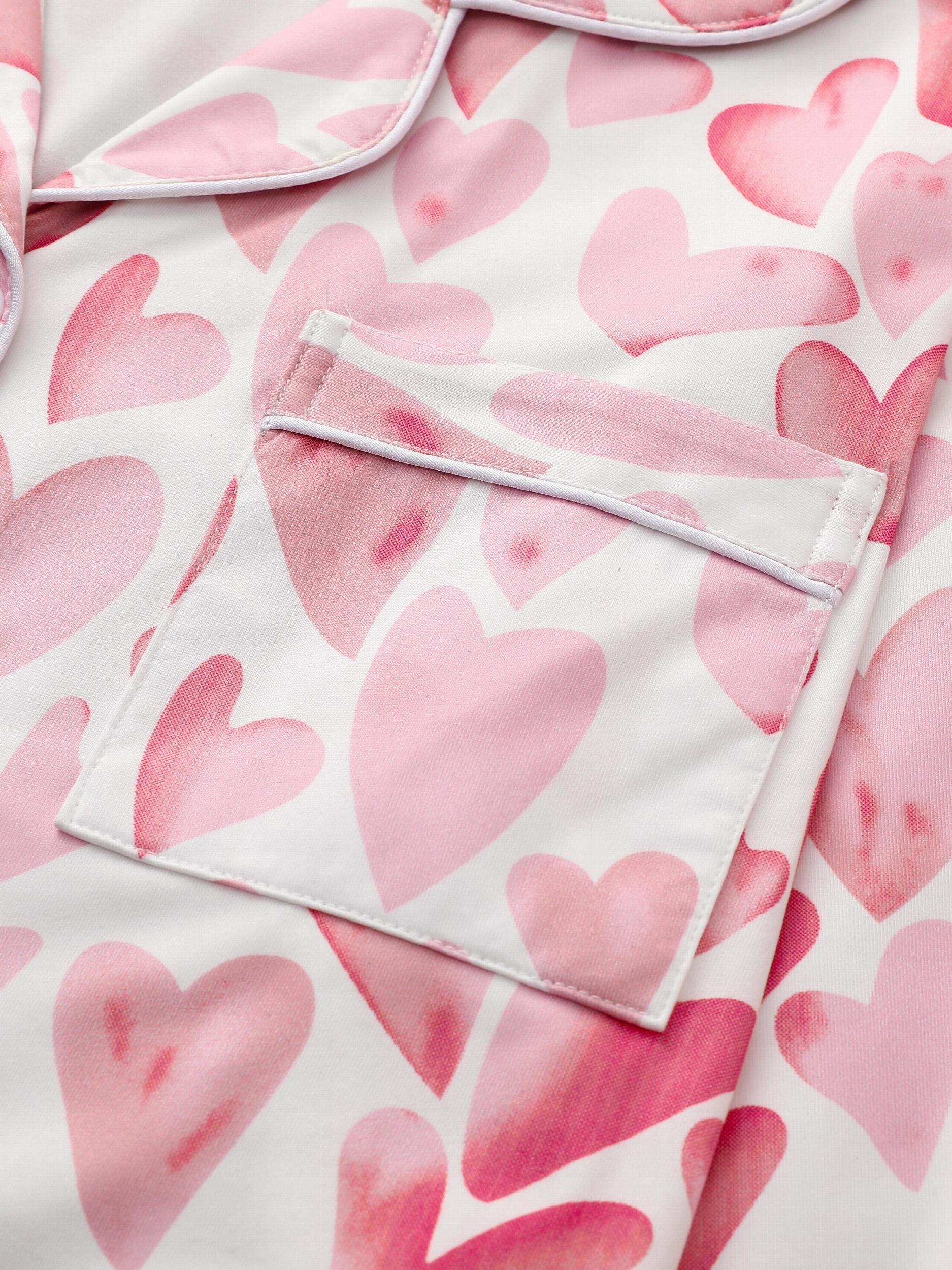Heart Print Pajama Set Long Sleeve Buttons Top & Elastic Waistband Pants