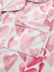 Heart Print Pajama Set Long Sleeve Buttons Top & Elastic Waistband Pants