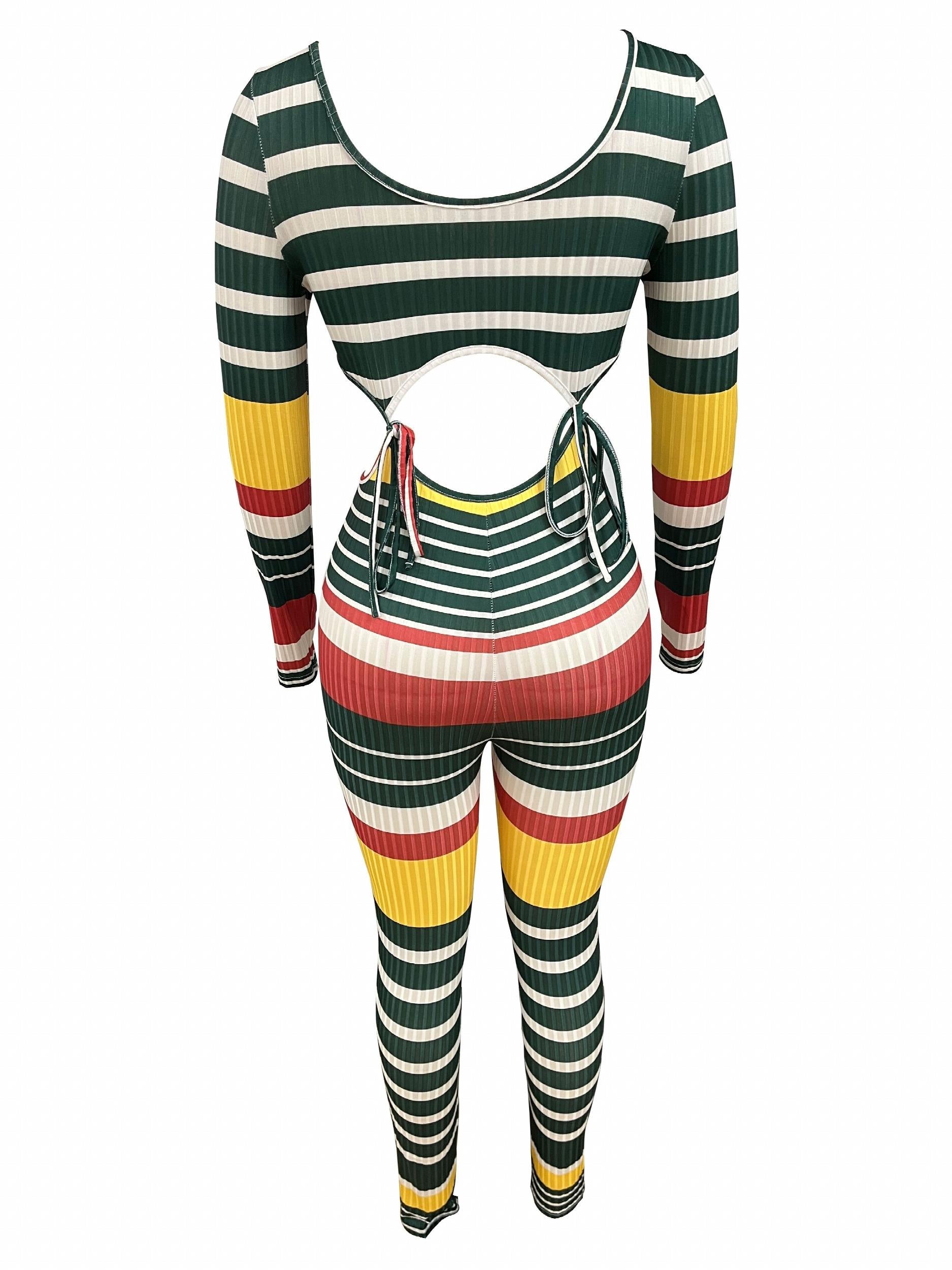 Striped Print Tie Set Scoop Neck Crop Top & Slim Pants Outfit