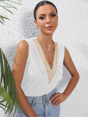 Eyelet Lace Stitching Tank Top V Neck Sleeveless Summer Casual