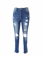Distressed Straight Leg Jeans Button Fly Randomly Dot Printed Denim Pants