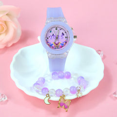 Girls' Quartz Watch & Bracelet Set LED Glow in Dark Butterfly Beads