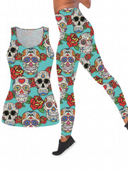 Halloween Casual Outfits 2 Piece Set Skull & Floral Tank Top Leggings