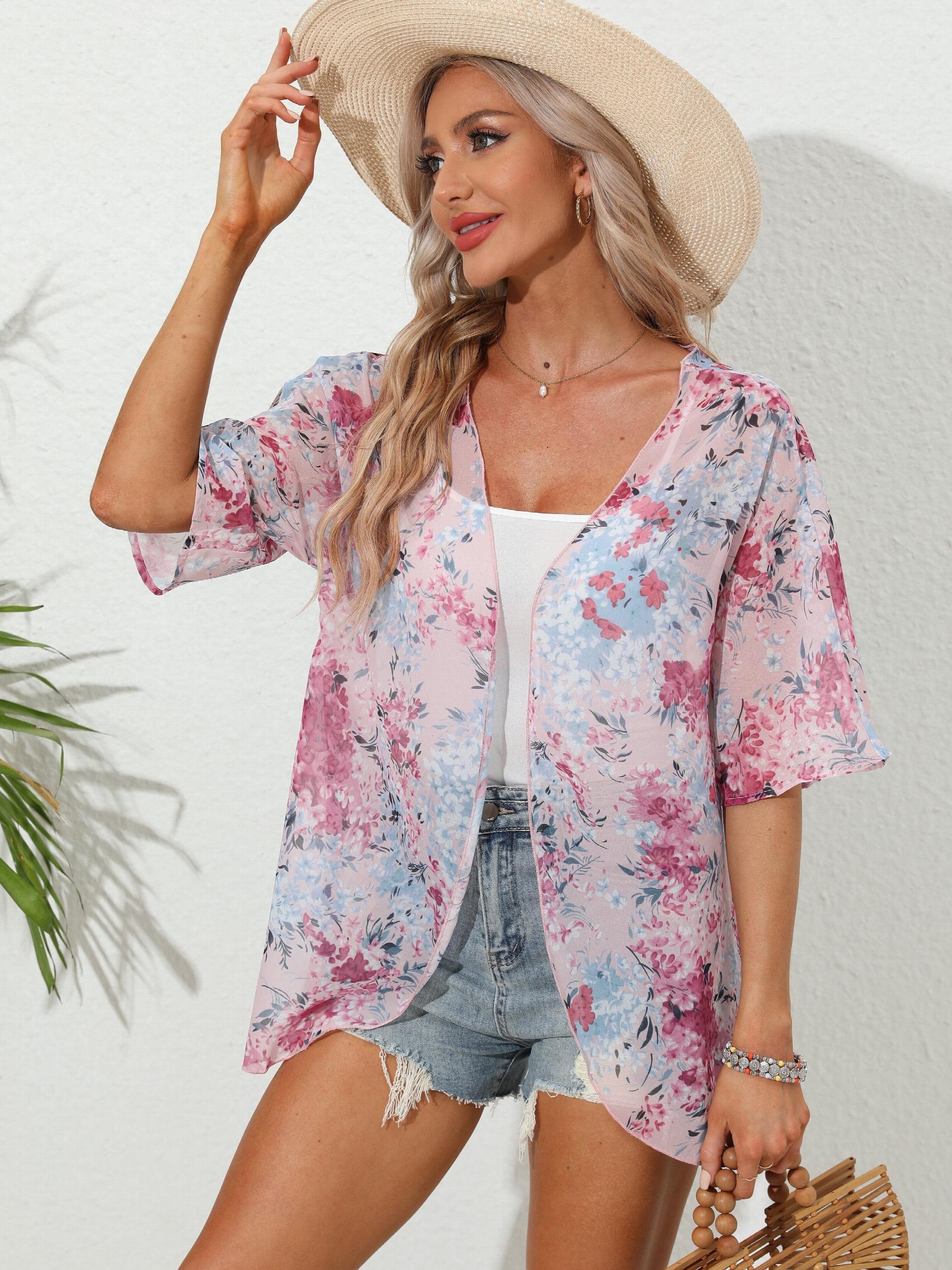 Floral Print Pink Open Front Cover Up Cardigan
