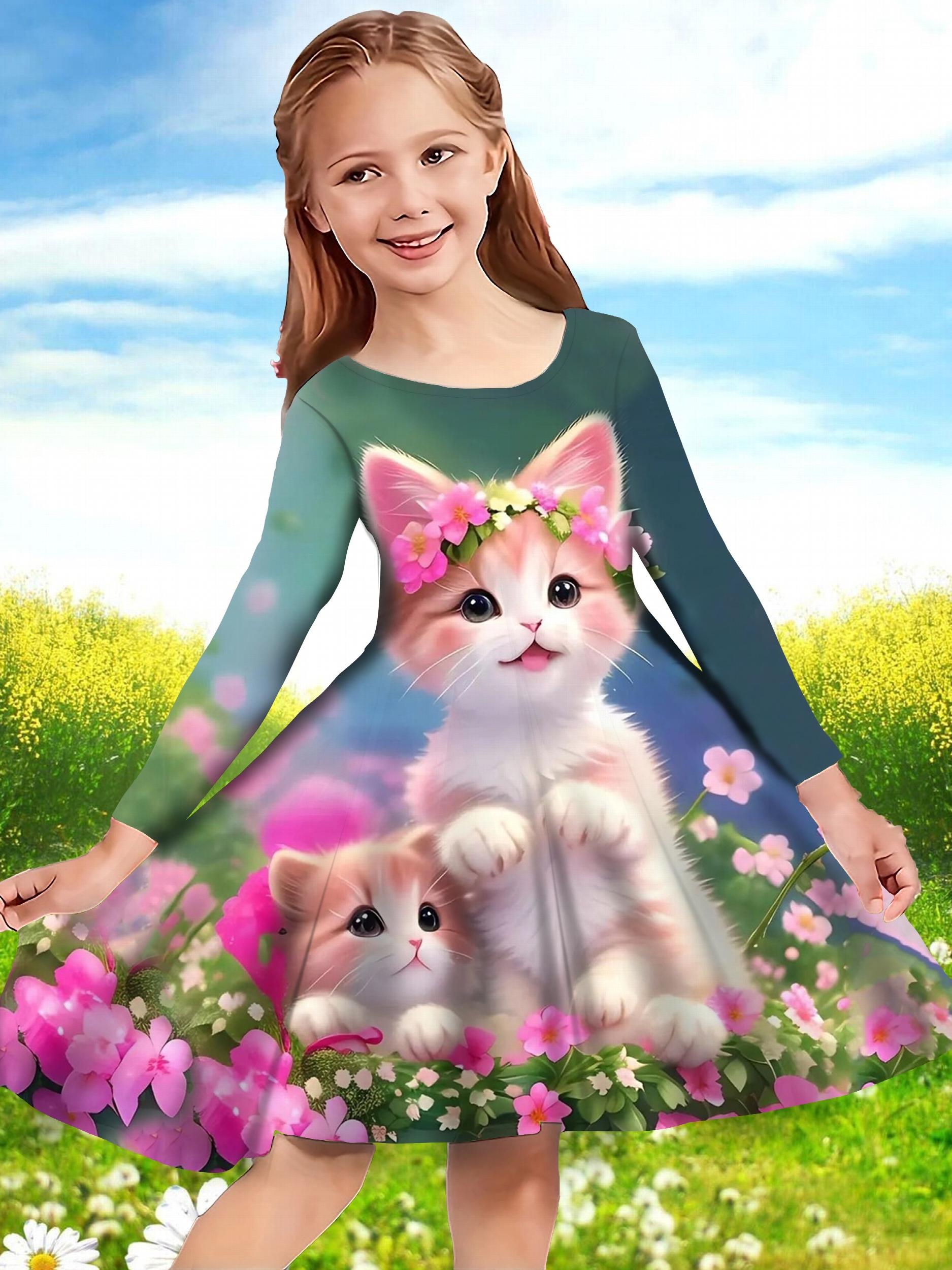 Girls Flower Kitty Long Sleeve Dress Spring Fall Party Gift